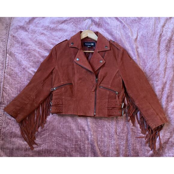 Forever 21 Suede Leather Fringe Biker Jacket Western Boho Festival Rodeo Sz S - Picture 1 of 9